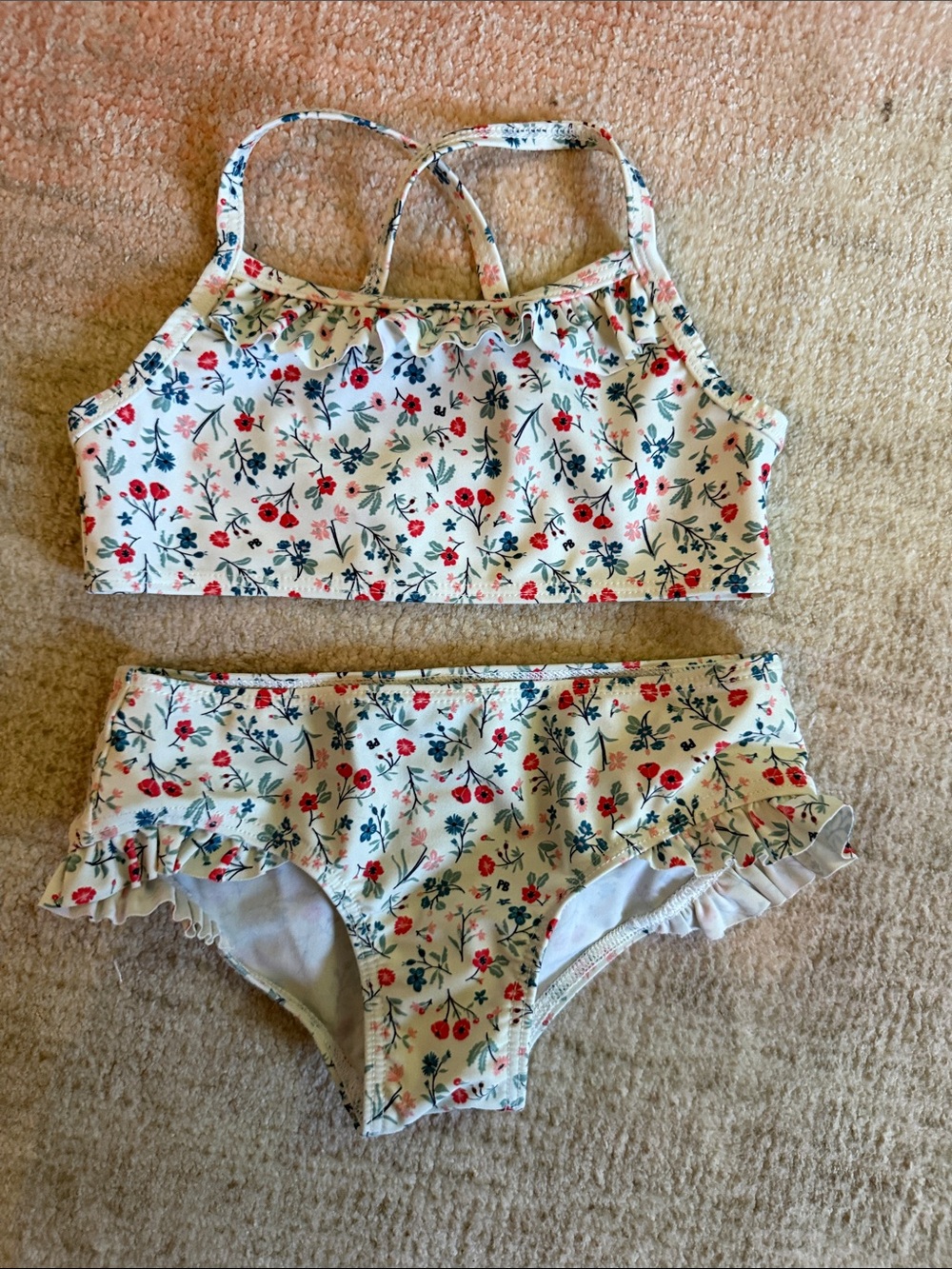 Girls Two-Piece Floral Ruffle Bikini - White with Red & Blue Flowers